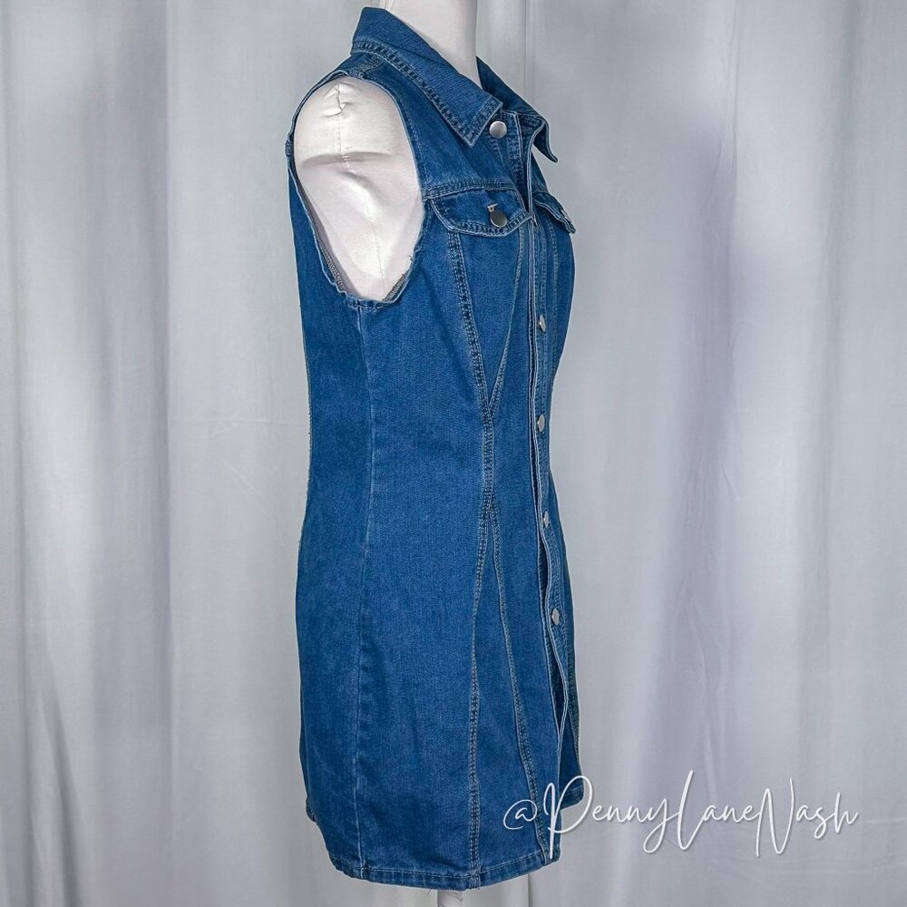 Shein Denim Button Front Sleeveless Shirt Dress Blue - Picture 4 of 10